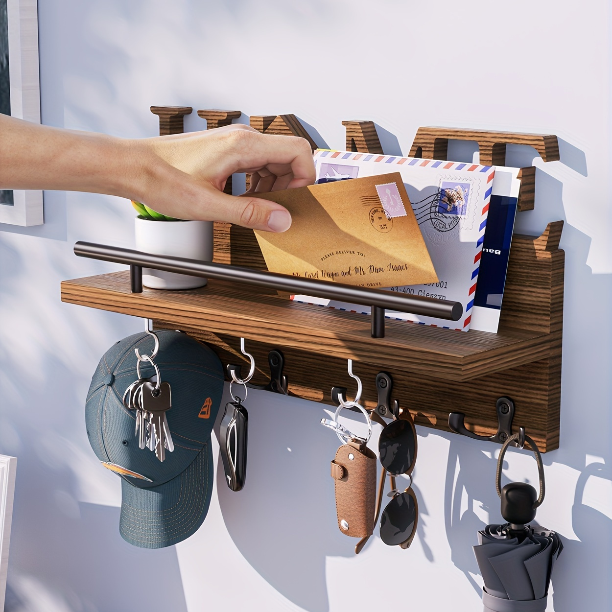 Wooden Key Holder Mail Organizer Self Adhesive Wall Mounted - Temu