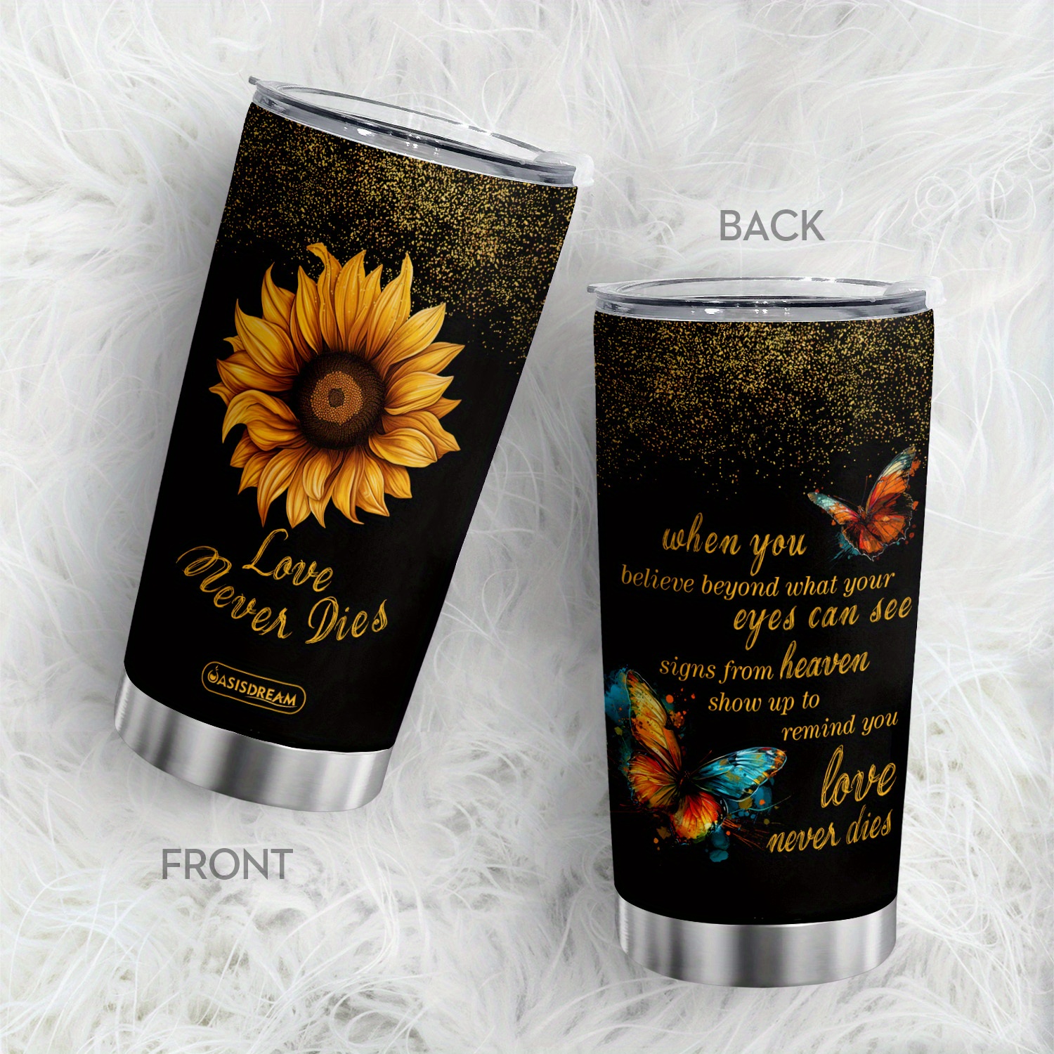 

1pc Butterfly And Sunflower Print Cups 20oz Tumbler Gift To Lover Love Never Dies Insulated Stainless Steel Mug With Lid For Hot And Ice Drinks