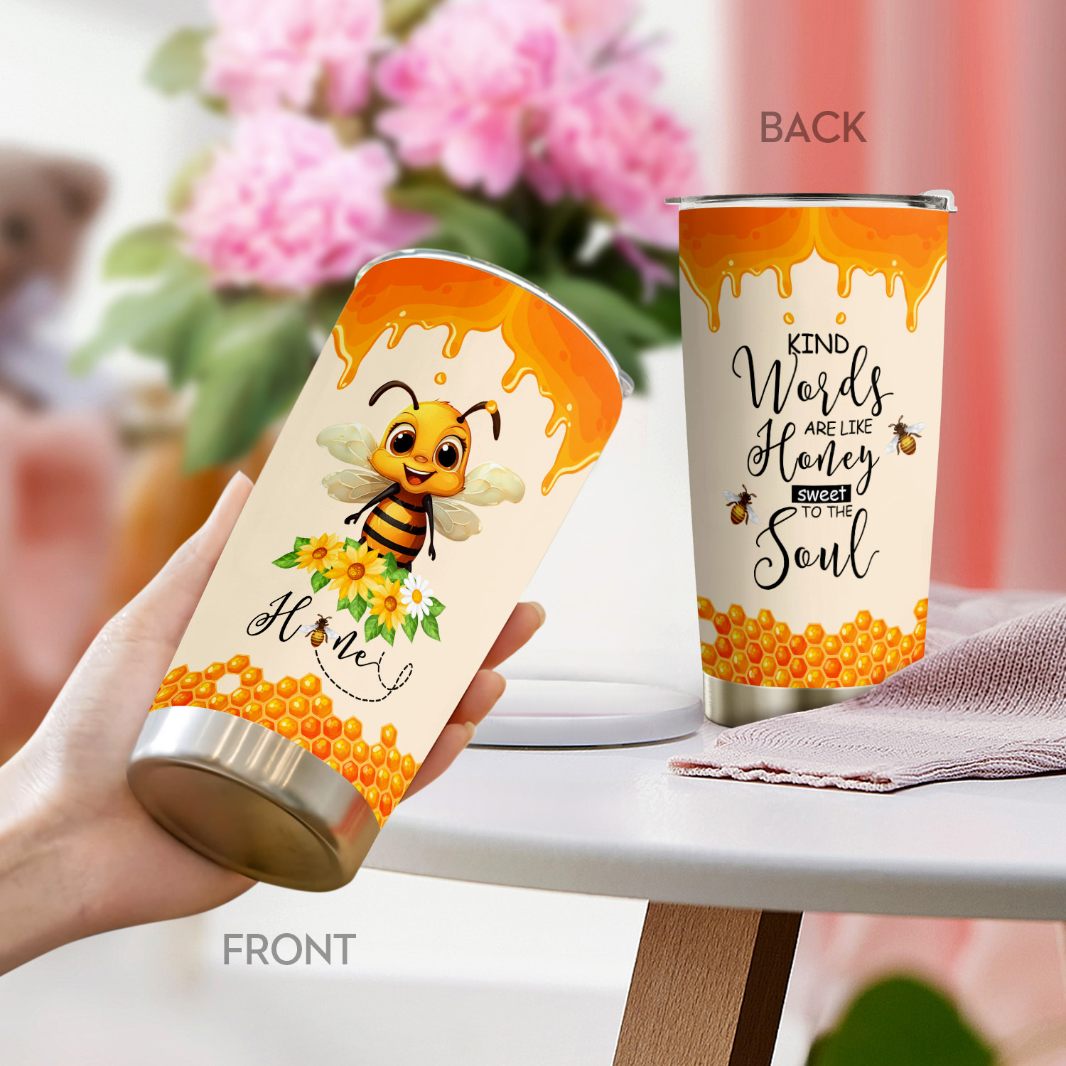 

1pc 20oz Coffee Cup Vacuum Insulated Tumbler Bee Honey Cup Kind Words Are Like Honey Stainless Steel Coffee Travel Mug With Lid Birthday Christmas Presents