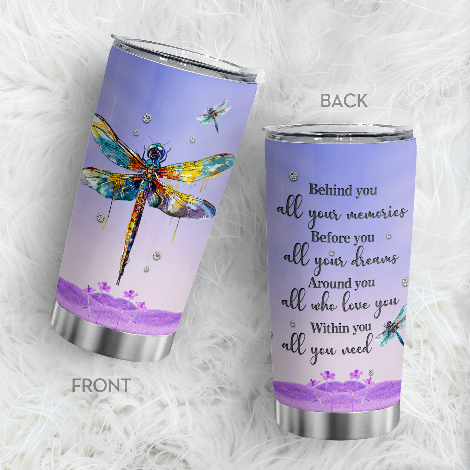 

1pc 20oz Tumbler Purple Dragonfly Print Stainless Steel Outdoor Travel Tumbler With Lid Motivational Slogan Double Walled Vacuum Travel Coffee Mug