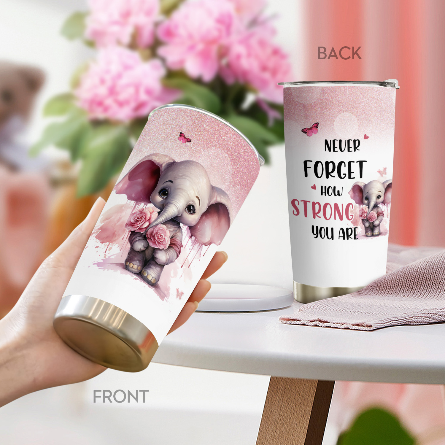 

1pc 20oz Never Forget How Strong You Are Tumbler Insulated Cup With Lid, Cute Elephant Stainless Steel Travel Mug, Double Wall Water Ice Coffee Mug