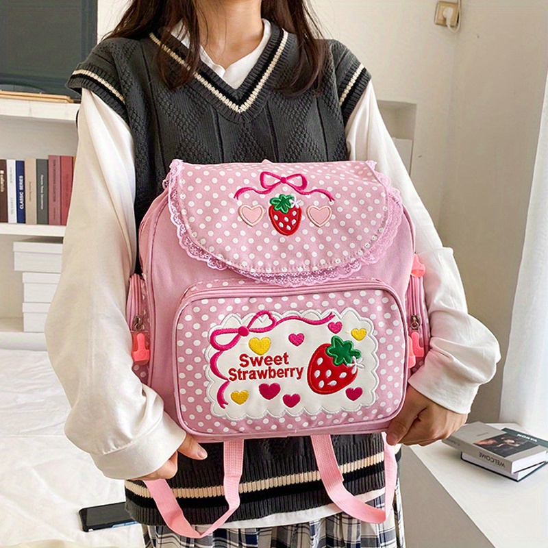 1pc Cute Embroidered Fruit Strawberry Lace Backpack, Student School Bag, 1pc cute embroidered fruit strawberry lace backpack students  main image 3