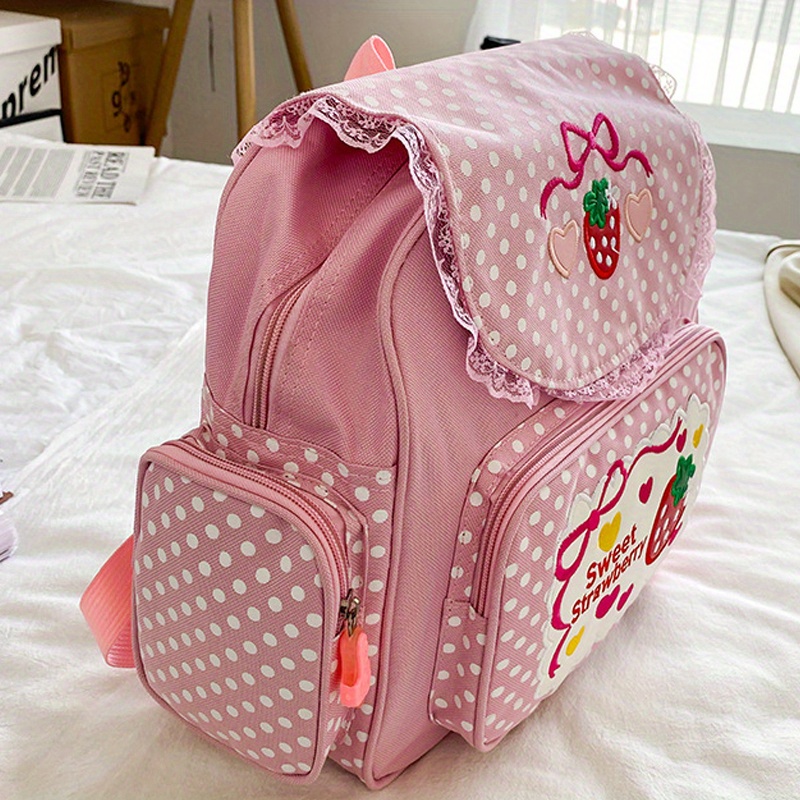 1pc Cute Embroidered Fruit Strawberry Lace Backpack, Student School Bag, 1pc cute embroidered fruit strawberry lace backpack students  main image 4