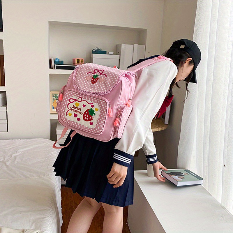 1pc cute embroidered fruit strawberry lace backpack students  display picture 1