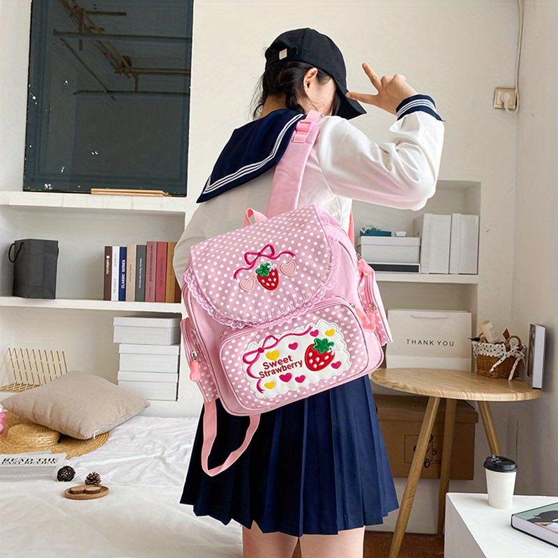1pc cute embroidered fruit strawberry lace backpack students 