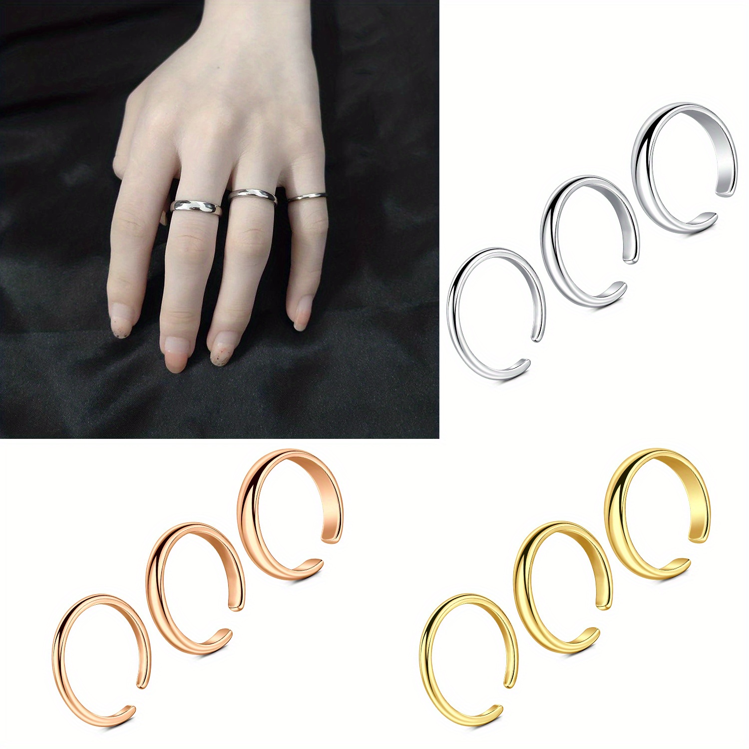 3 Pcs Simple Metal Foot Toe Ring Set Ladies Summer Beach Vacation Jewelry