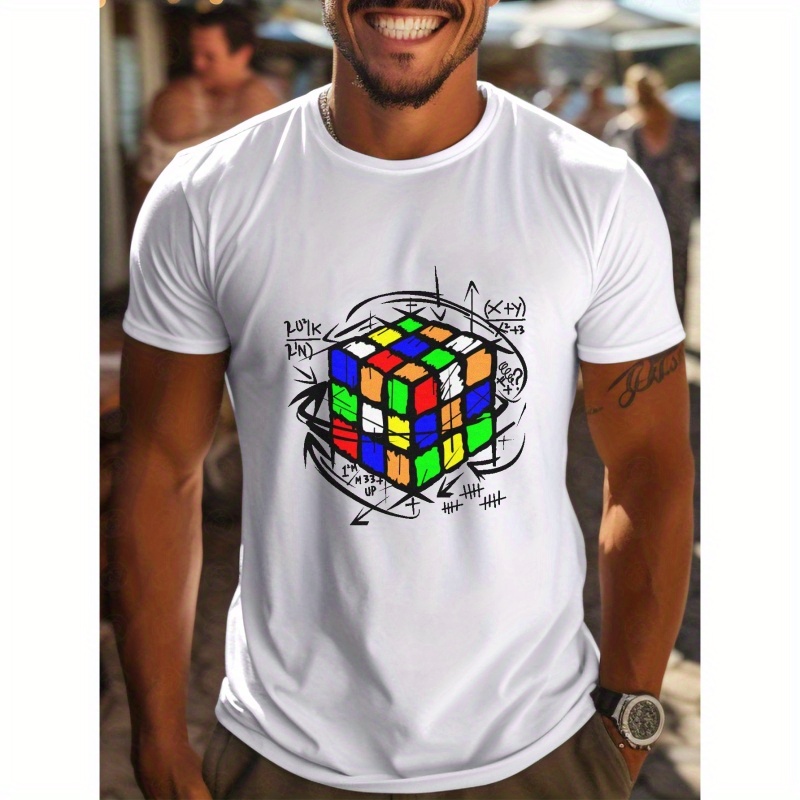 

Jigsaw Cubes Graphic Print Men's Creative Top, Casual Short Sleeve Crew Neck T-shirt, Men's Clothing For Summer Outdoor