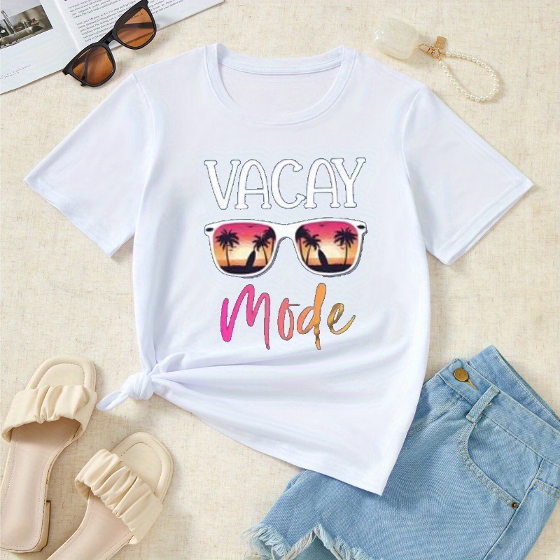 

Vacay Mode Print T-shirt, Casual Crew Neck Short Sleeve Top For Spring & Summer, Women's Clothing