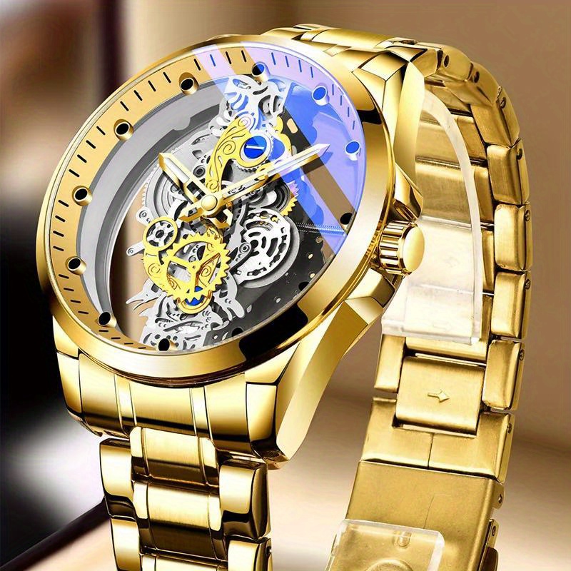 fashion transparent watch men   mechanical watches luminous dial stainless   quartz wristwatches men luxury business golden watches details 1