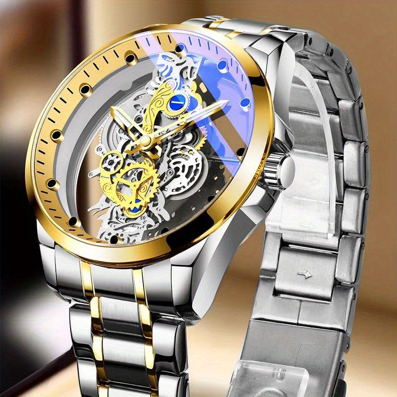 fashion transparent watch men   mechanical watches luminous dial stainless   quartz wristwatches men luxury business golden watches details 2