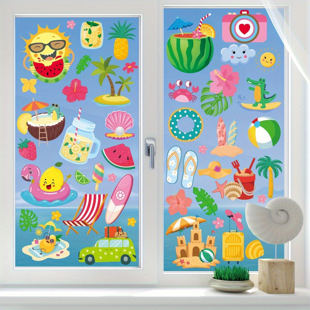 

4 Sheets Of 76pcs New Summer Window Stickers, Hawaiian Outdoor Cartoon Window Home Decor, Door Stickers, Static Glass Stickers