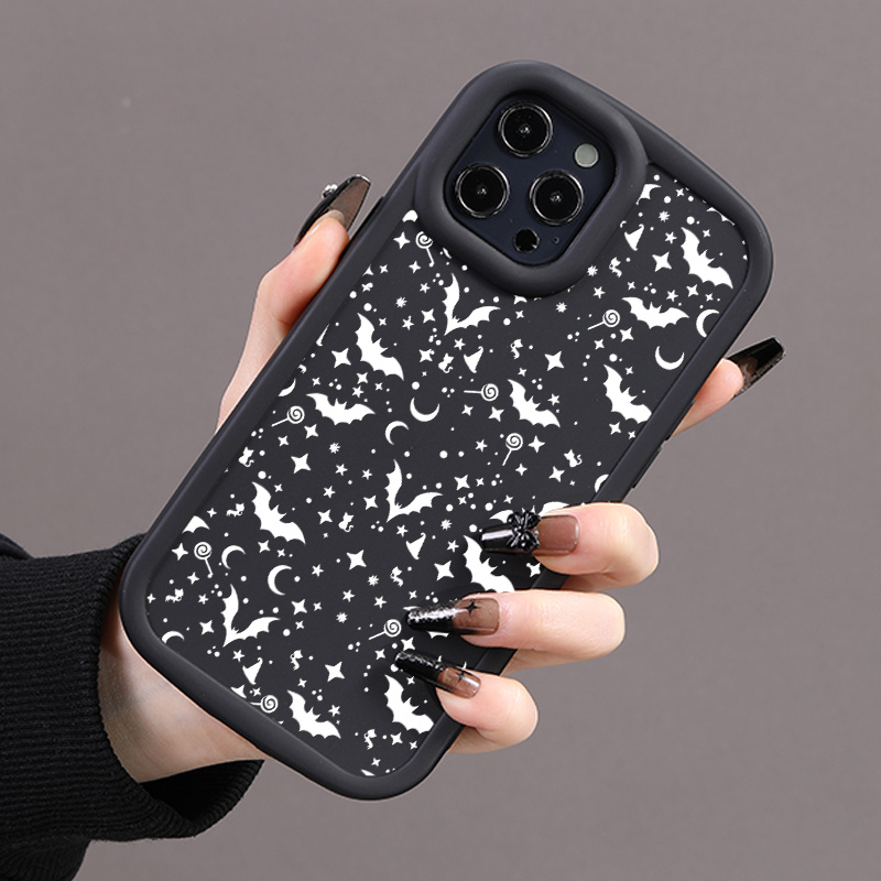 

Luxury Shockproof New Case White Bat Pattern Phone Case For Iphone 15/14/13/12/11/xs/xr/x/8/7/se2/se3/mini/plus/pro Max Soft Silicone Black Camera Protective Case Collision Lens Back Cover