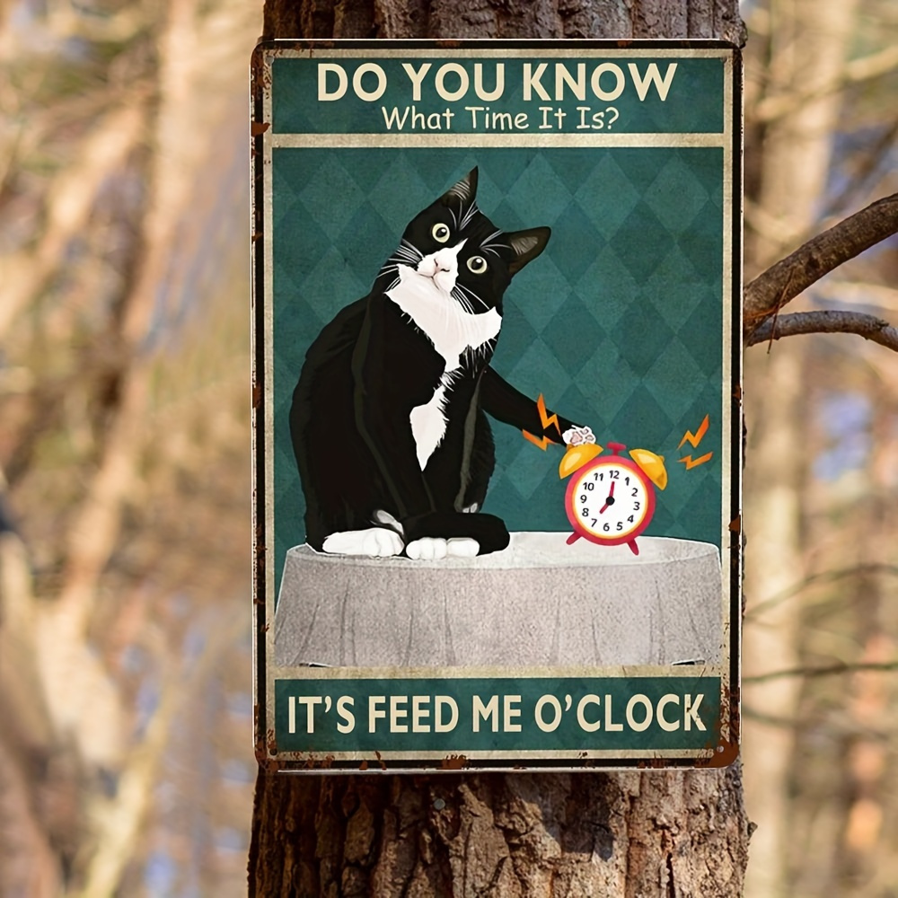 

1pc Pengbaax Vintage Thick Metal Tin Sign | "it's Feed Me O'clock" Funny Tuxedo Cat Poster | Classic Style | Humorous Home, Kitchen, Garage, Man Cave Wall Decor | 8x12 Inches Retro Iron Art Sign