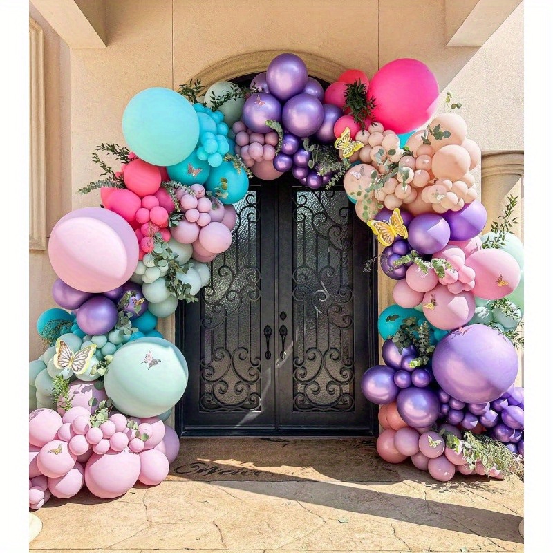 154pcs purple pink balloons lavender teal balloon garland metallic lilac blue balloons different size green and orange balloon arch kit for encanto birthday butterfly baby shower princess party supply
