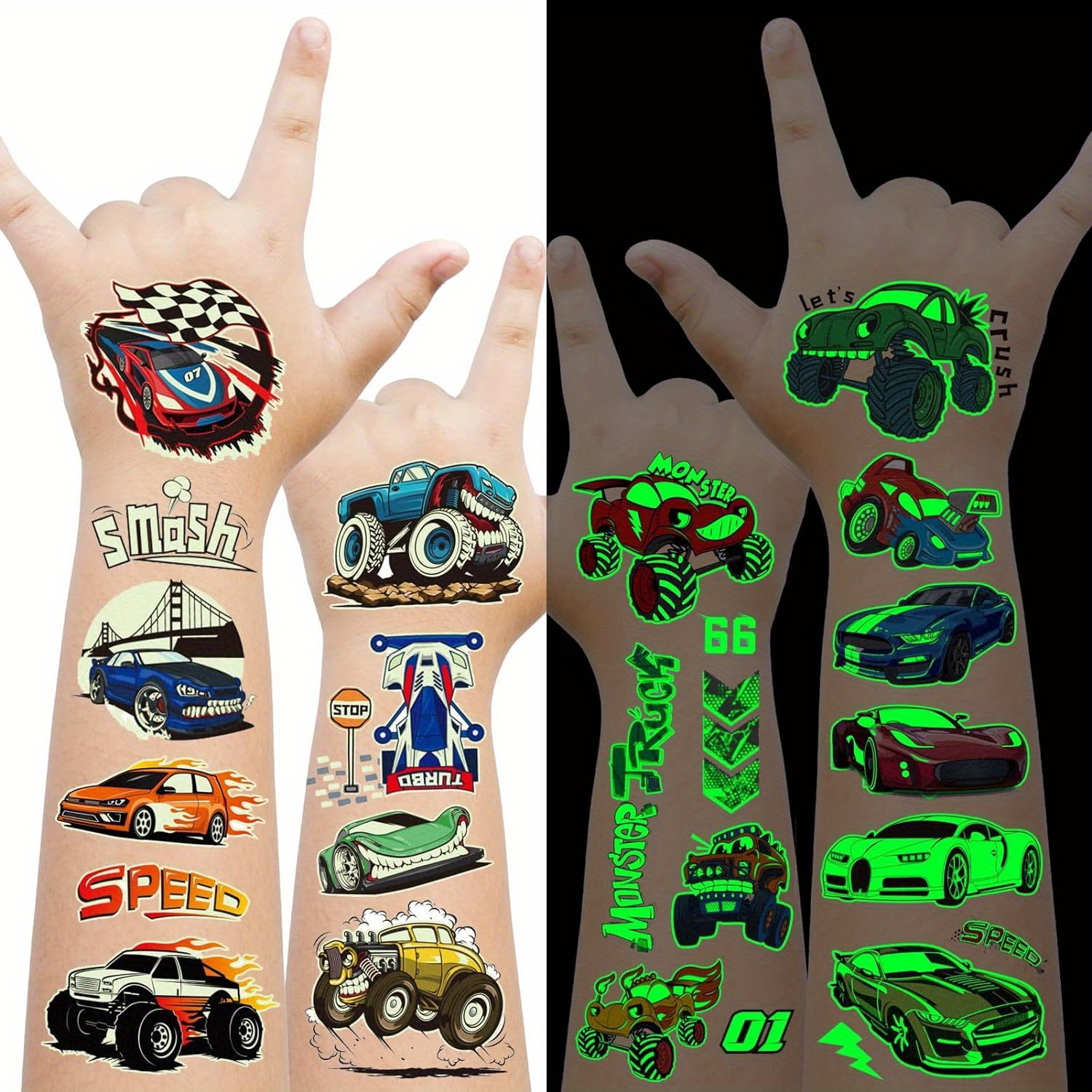 

20 Sheets Glow Car Birthday Party Supplies Favors Decorations, Tattoos Temporary For Boys, Glow Tattoos For Car Birthday Party Decorations