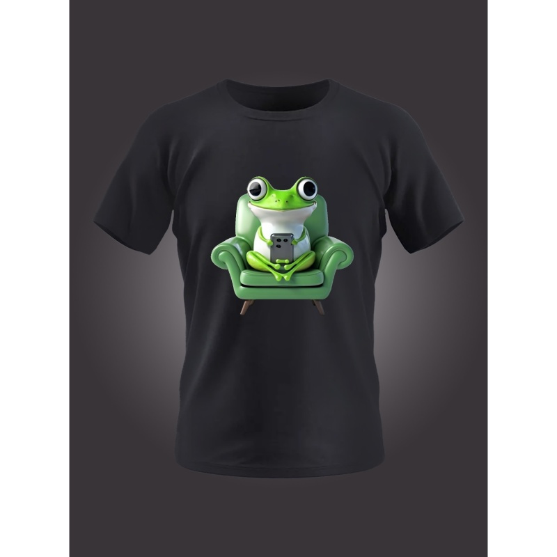 

Cartoon Frog & Sofa Print Crew Neck T-shirt For Men, Casual Short Sleeve Top, Men's Clothing