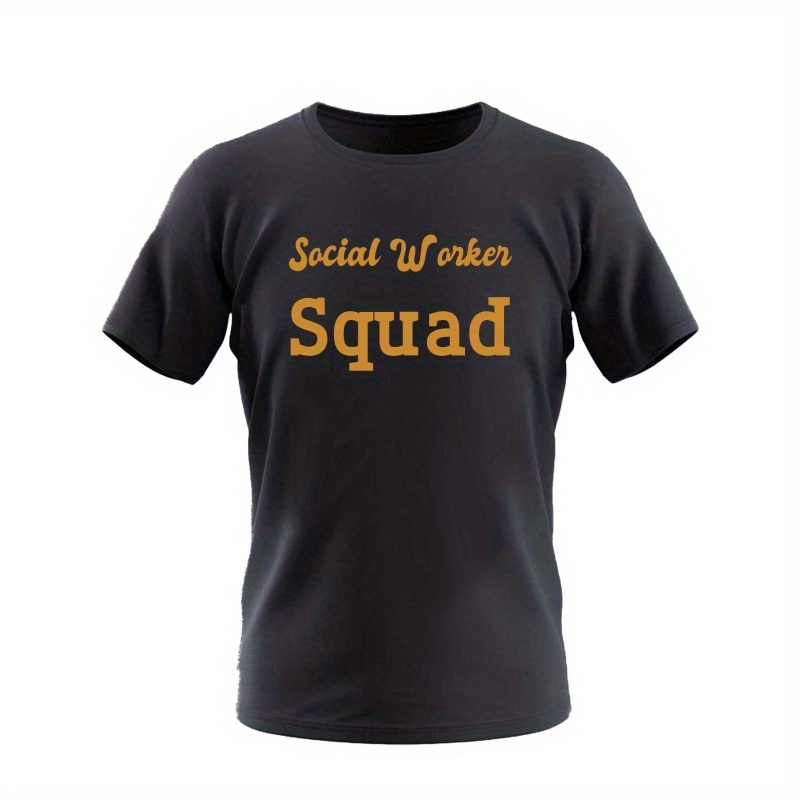 

Social Worker Squad Trendy Letter Print Men's Cozy T-shirt Creative Graphic Short Sleeve Crew Neck Tops Summer Men's Casual Clothing