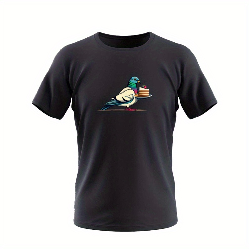 

Pigeon & Cake Pattern, Men's Trendy Graphic T-shirt, Casual Stretchy Breathable Short Sleeve Tee For Summer