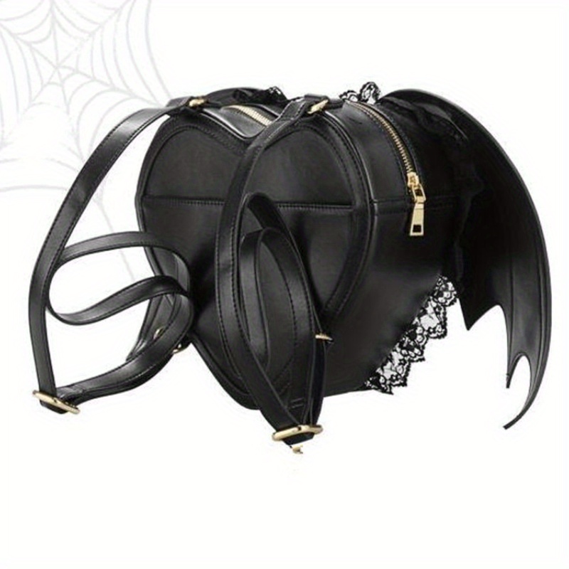 

Gothic Devil Heart Shaped Backpack, Punk Style Batwings Daypack, Vintage Dark Style Shoulder Bag