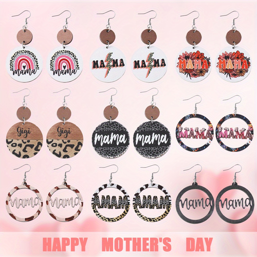 

9 Pairs/ Set Round Shape Mama Print Dangle Earrings Retro Western Style Wooden Jewelry Mother's Day Gift
