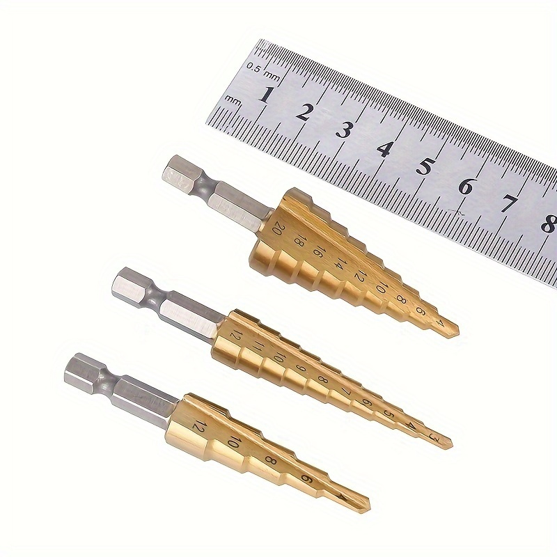 

3pcs Step Drill Bit Set, Titanium Coated, High Speed Steel, Ideal For Wood And Metal