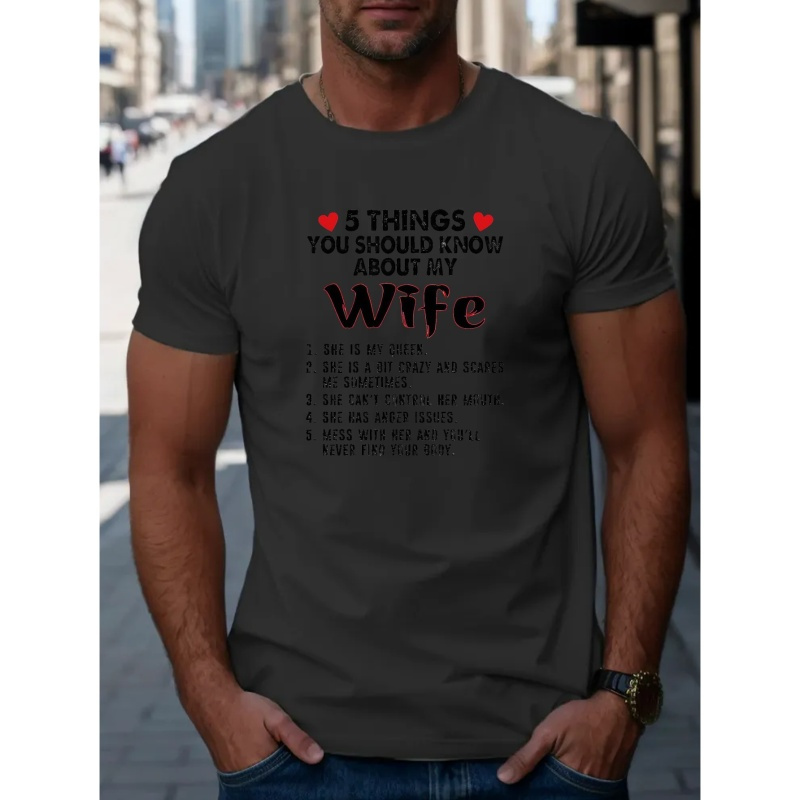 

5 Things You Should Know About My Wife... Print Tees For Men, Casual Quick Drying Breathable T-shirt, Short Sleeve T-shirt For Running Training