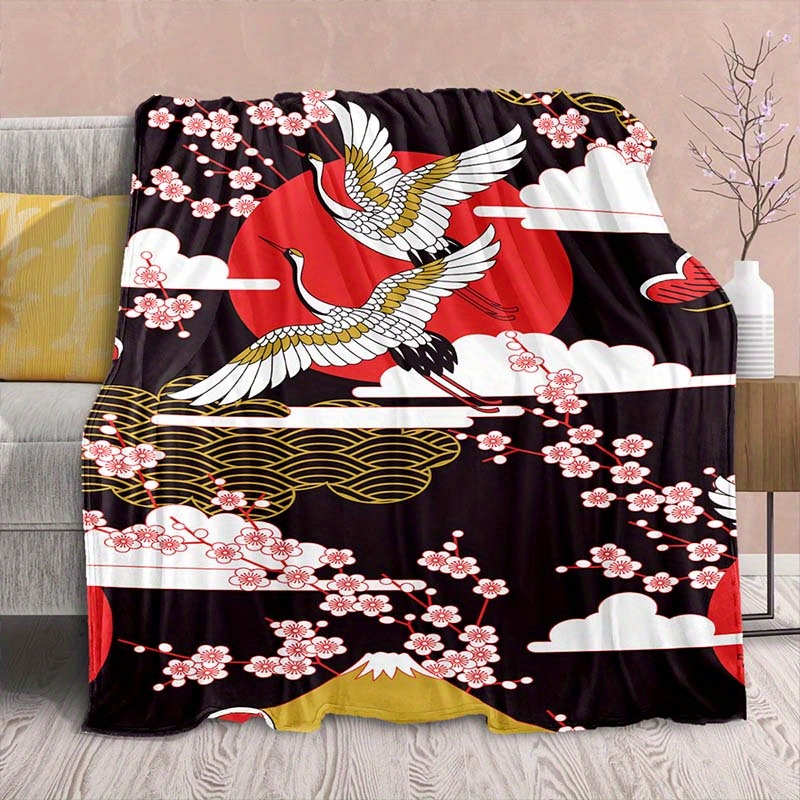 

1pc Japanese Ukiyo-e Style Crane Art Pattern Soft Nap Blanket 4 Seasons Office Chair Flannel Blanket