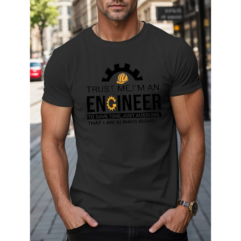 

Engineer Creative Letters Print Casual Crew Neck Short Sleeve T-shirt For Men, Quick-drying Comfy Casual Summer Tops For Daily Wear Work Out And Vacation Resorts