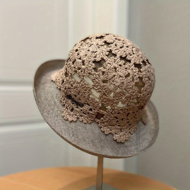 

Elegant Crochet Sun Hat For Women - Breathable Linen, Wide With Lace Detail, Summer & Beach Vacations