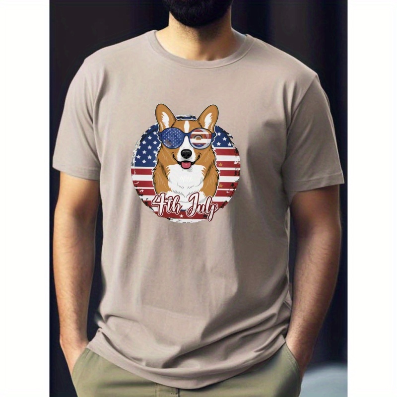 

Cartoon Corgi With Us Flag Pattern Print Casual Crew Neck Short Sleeve T-shirt For Men, Quick-drying Comfy Casual Summer Tops For Daily Wear Work Out And Vacation Resorts