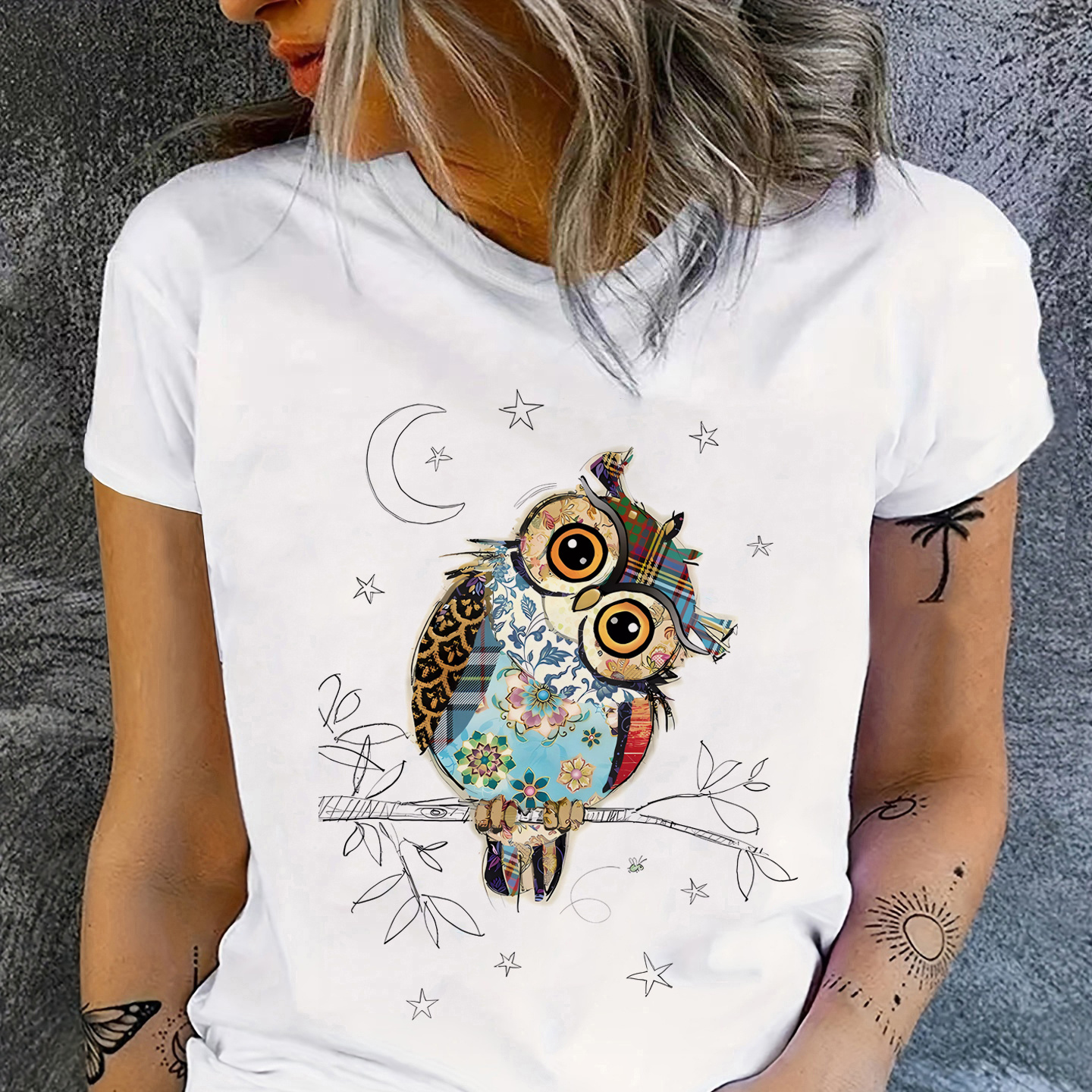 

Owen Owl Animal Print T-shirt, Short Sleeve Crew Neck Casual Top For Summer & Spring, Women's Clothing