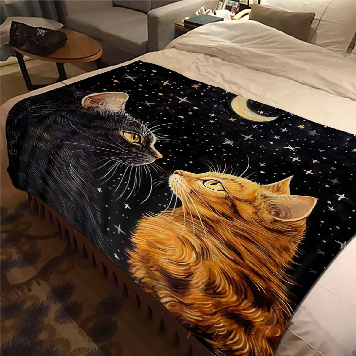

Creative Art Patterns Of A Beautiful Starry Sky, Orange Cat, And Black Cat On A Four-season Office Chair Made Of Flannel Blanket.