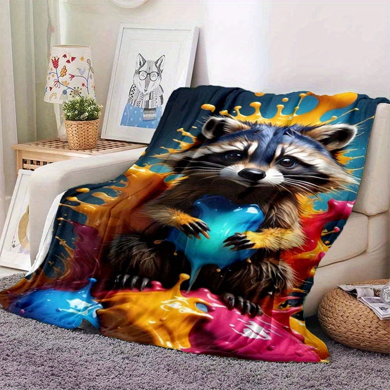 

1pc Cozy Raccoon Print Blanket - Lightweight Flannel Throw Blanket For Sofa, Bed, Travel, Camping, Living Room, Office, Couch, Chair, Gifts For Family Or Friend