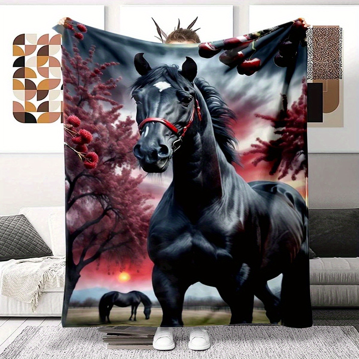 

1pc Cozy Horse Print Blanket - Lightweight Flannel Throw Blanket For Sofa, Bed, Travel, Camping, Livingroom, Office, Couch, Chair, Gifts For Family Or Friends