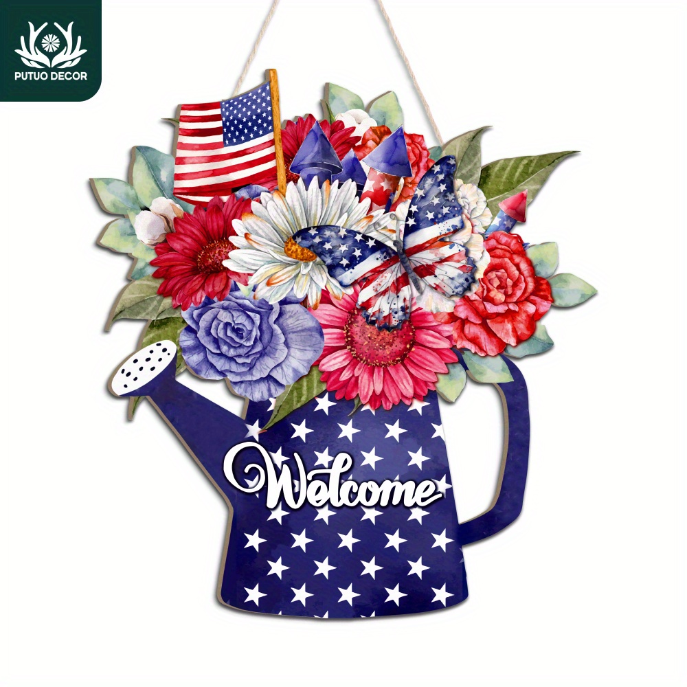 

1pc Watering Can Shaped Wooden Front Door Decoration, Welcome, Wood Wreaths Hanging Sign Decor For Home Farmhouse Coffee Shop Cafe Porch, Independence Day Gift