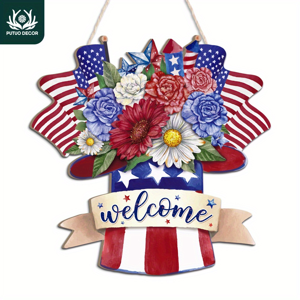 

1pc, Bouquet Shaped Wooden Front Door Decoration, Welcome, Wood Wreaths Hanging Sign Decor For Home Farmhouse Coffee Shop Cafe Porch, Independence Day Gift