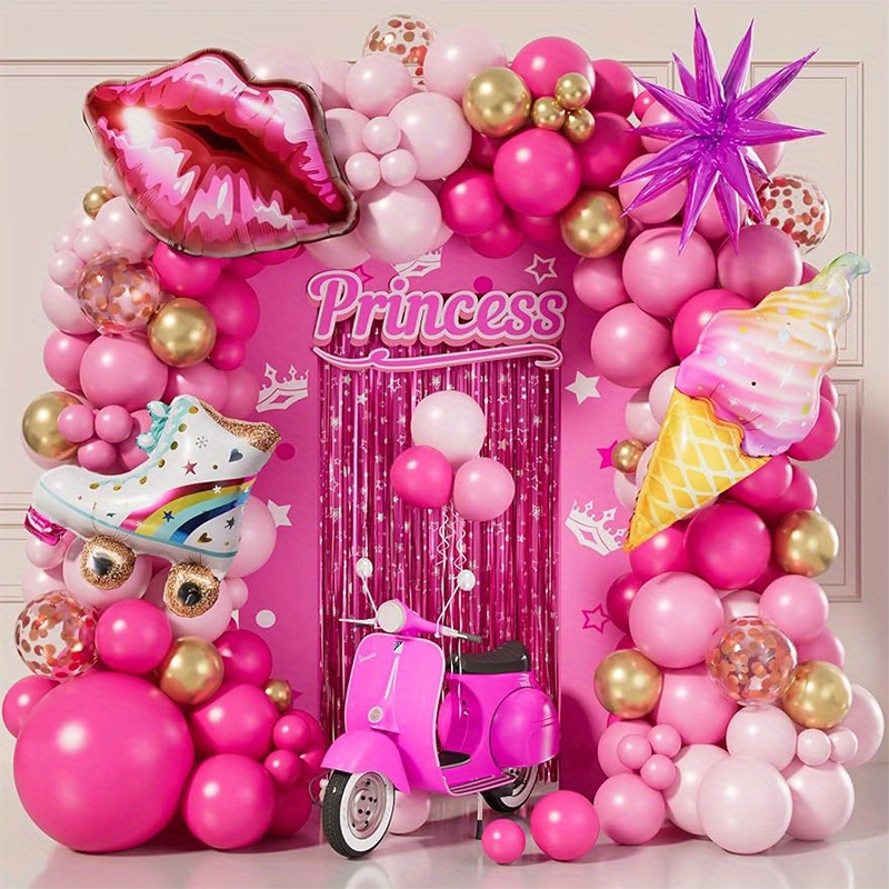

102pcs Pink Balloon Arch Flower Ring Set With Red Lips Explosive Star Pulley Shoes Donut Ice Cream Balloon For Girl's Birthday Wedding Anniversary Theme Party Decoration