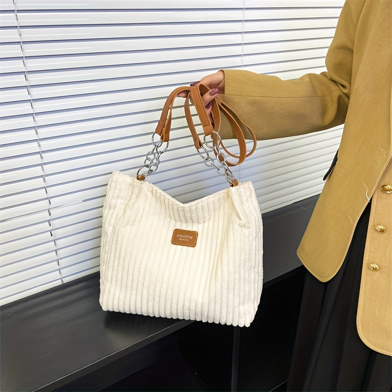 

1pc Corduroy Tote Bag For Women, Fashion Chain Shoulder Bag, Large Capacity Plush Handbag