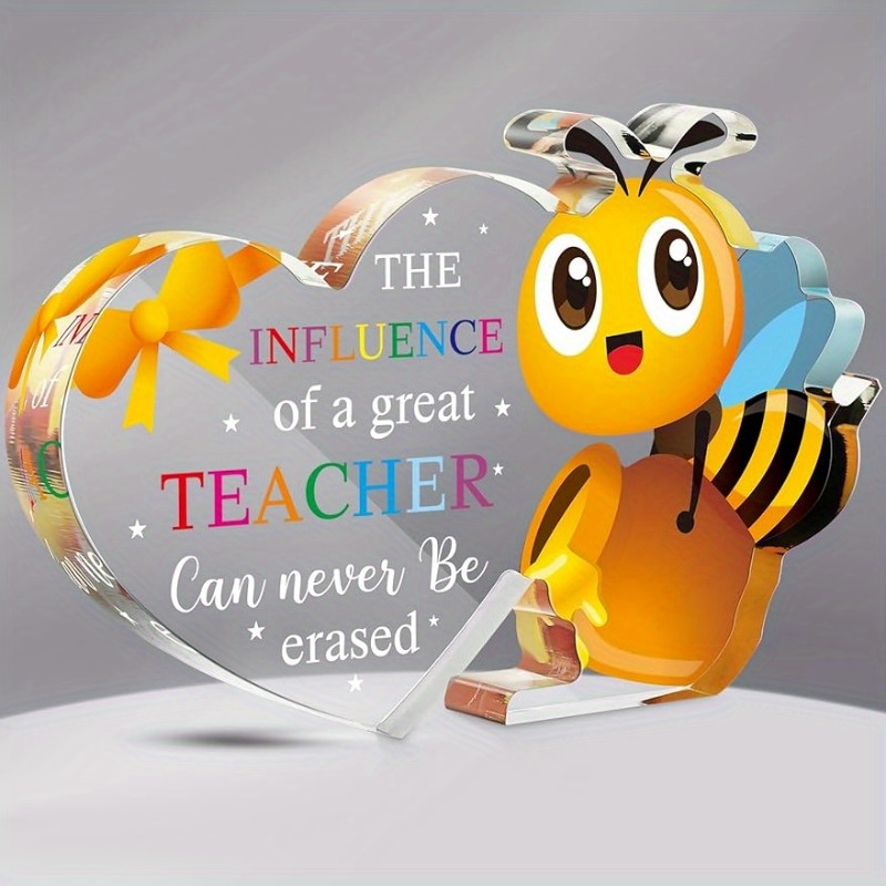 

1pc, Heart-shaped Acrylic Paperweight "great Teacher Influence" Quote, Bee Design, Teacher Appreciation Gift, Desk Decor, Office Accessory, Thank You Retirement Gift For Educators