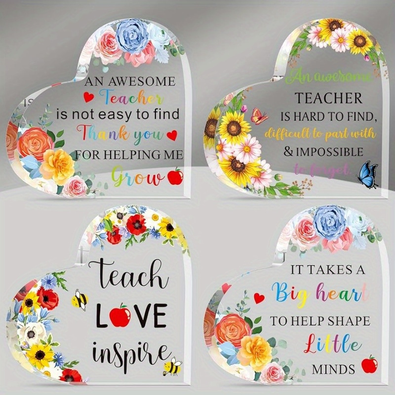 item picture teacher appreciation gifts for women acrylic paperweight keepsake gifts end of year teacher gifts for graduation decor gifts first day of school sign for teachers heart 4pcs