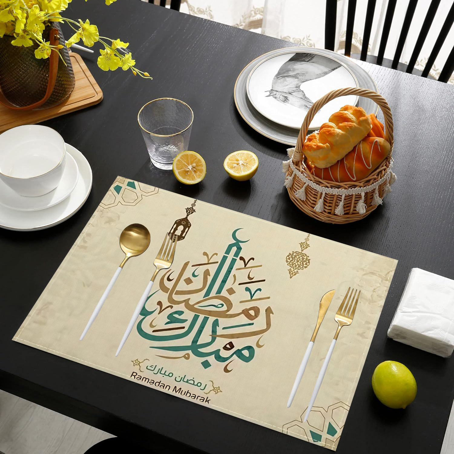 

1/ 4/ 6 Pcs Placemats, Eid Ramadan Theme Lantern Letter Printed Linen Table Mat, Dining Tableware Heat Insulation Pad, Holiday Decoration Tableware Mat