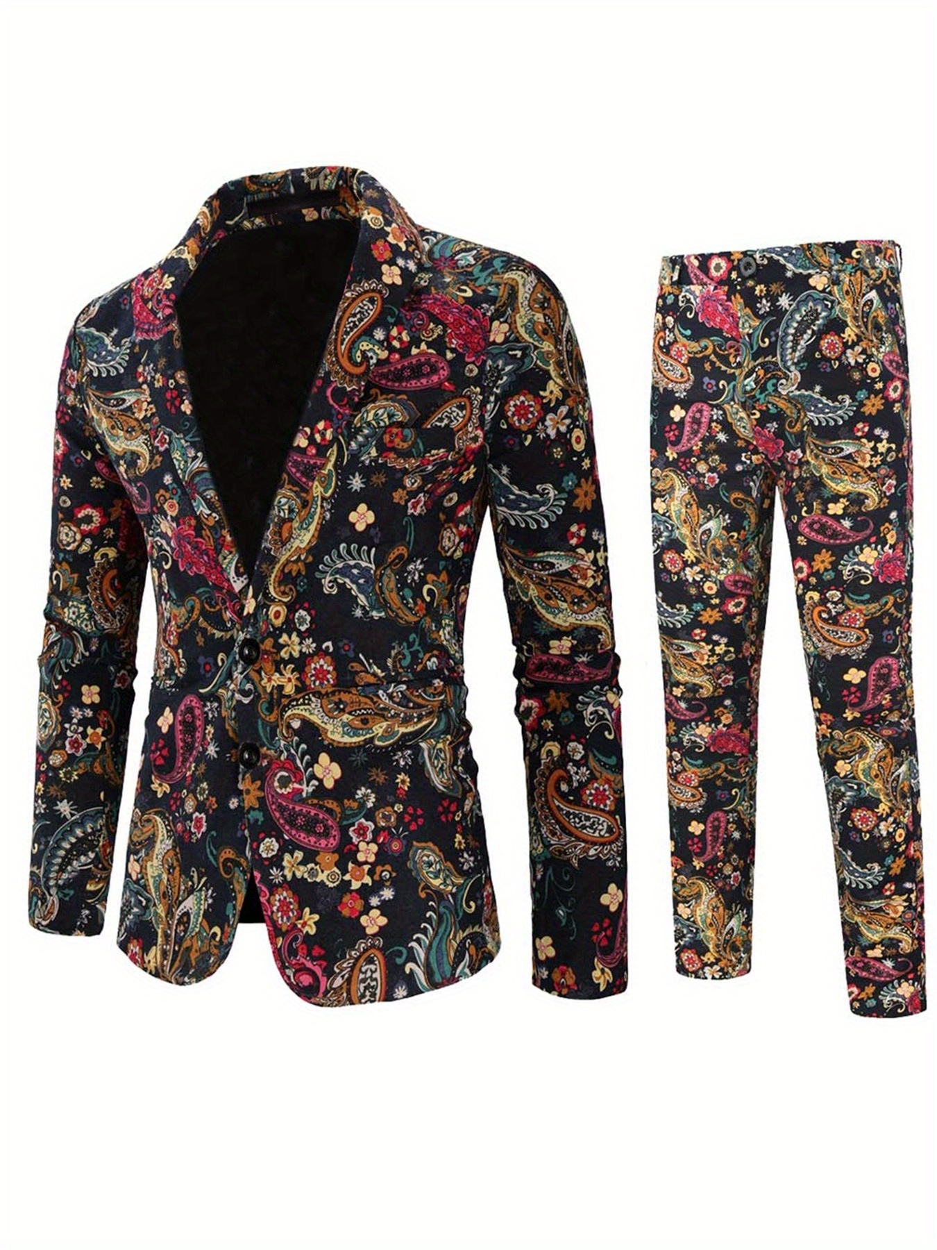 flower pattern mens 2pcs lapel suit jacket pants set for wedding formal occasion black 0