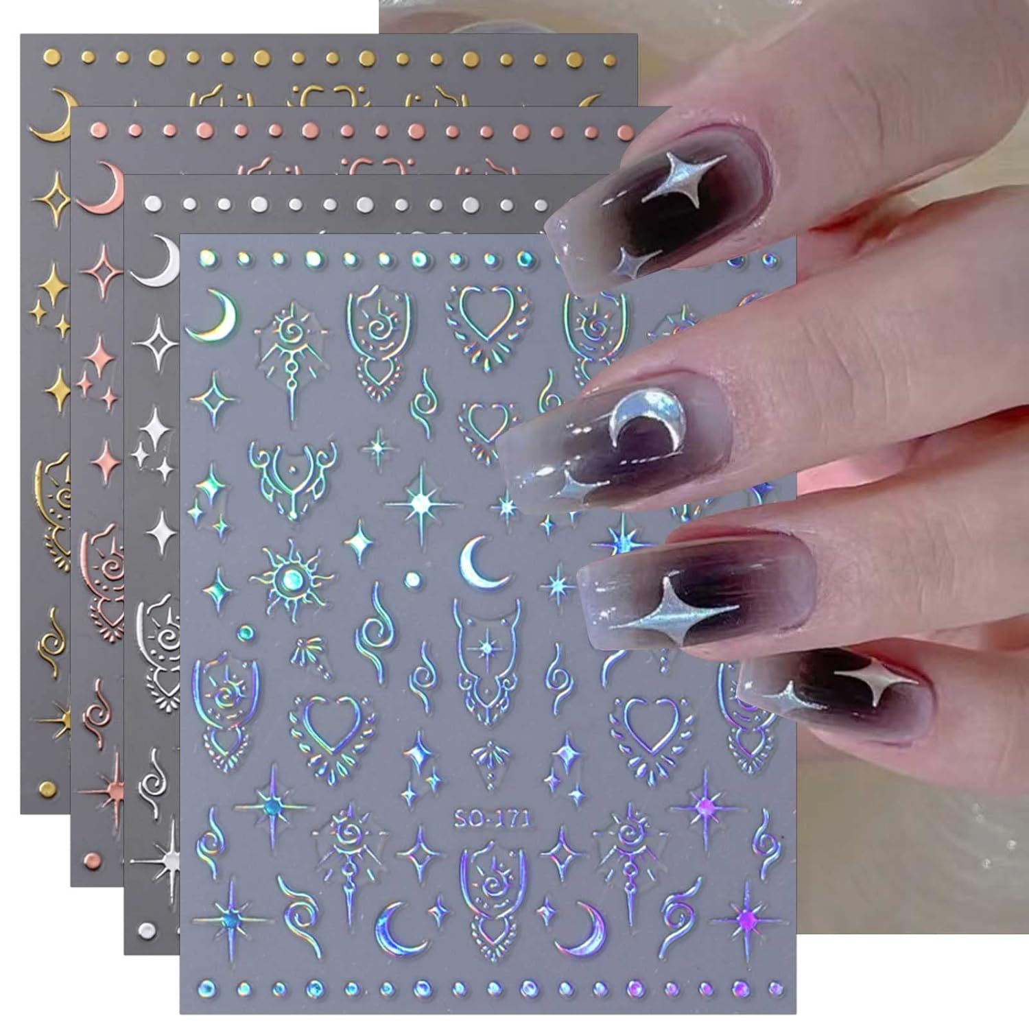 

4 Sheet Moon Star Design Nail Art Stickers, Self Adhesive Nail Art Decals For Nail Art Decoration,nail Art Supplies For Women And Girls