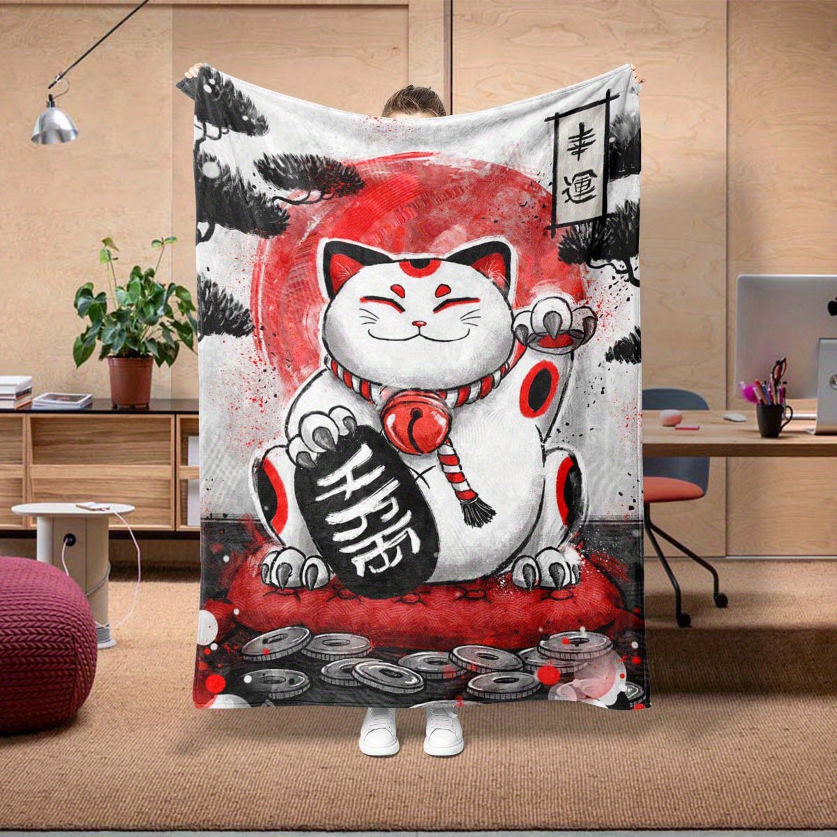 

Black And White Painting, Japanese Lucky Cat, Ink Painting Pattern 4 Seasons Office Chair Flannel Blanket