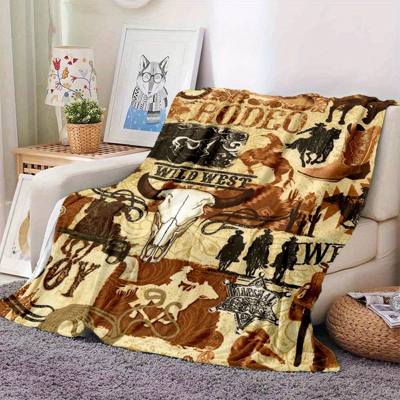 

1pc Western Cowboy Pattern Four-season Office Chair Flannel Blanket