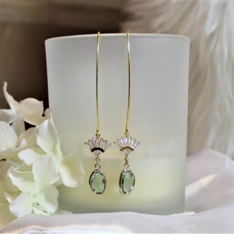 

Elegant Teardrop & Fan-shaped Green And White Zirconia Earrings, Golden Dangle Drop Design, Perfect For Weddings & Parties, Festive Gift Idea