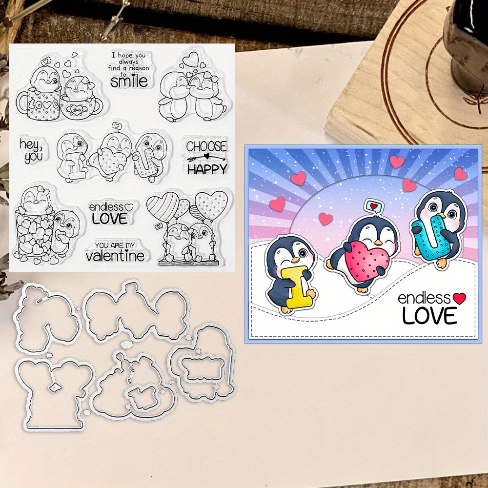 

Mangocraft Original Design Love Hearts Penguins Cutting Dies Clear Stamp Valentine's Day Diy Scrapbooking Metal Dies Stamps For Cards Albums