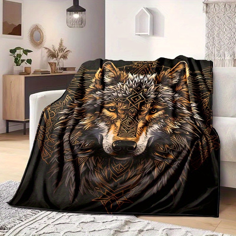 

Viking-inspired Wolf Art Pattern Soft Nap Blanket, Suitable For All Seasons, Office Chair Flannel Blanket.