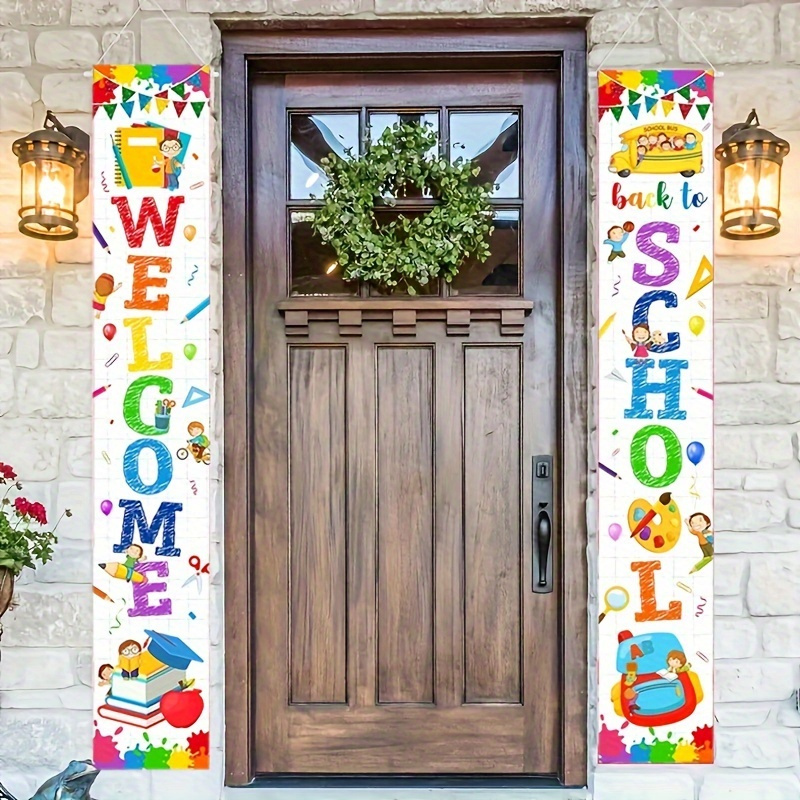 Pair Welcome Back to School Porch Banners Colorful First Day of School  Hanging Signs with Cartoon School-Themed Illustrations Kinderg