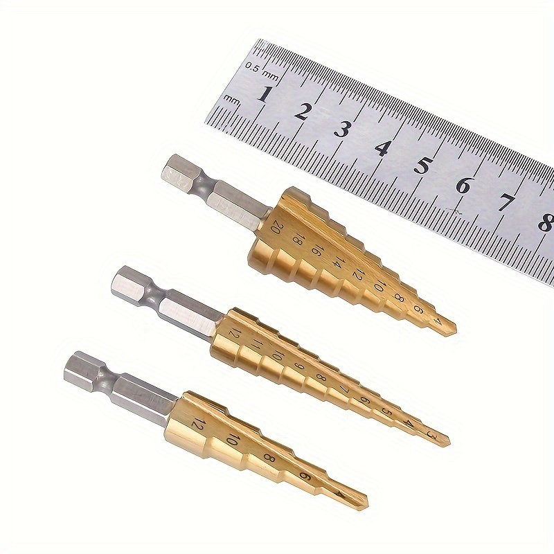 

3pcs Titanium-coated Hss Step Drill Bit Set Upgrade Your Drilling Power - Perfect For Wood & Metal!